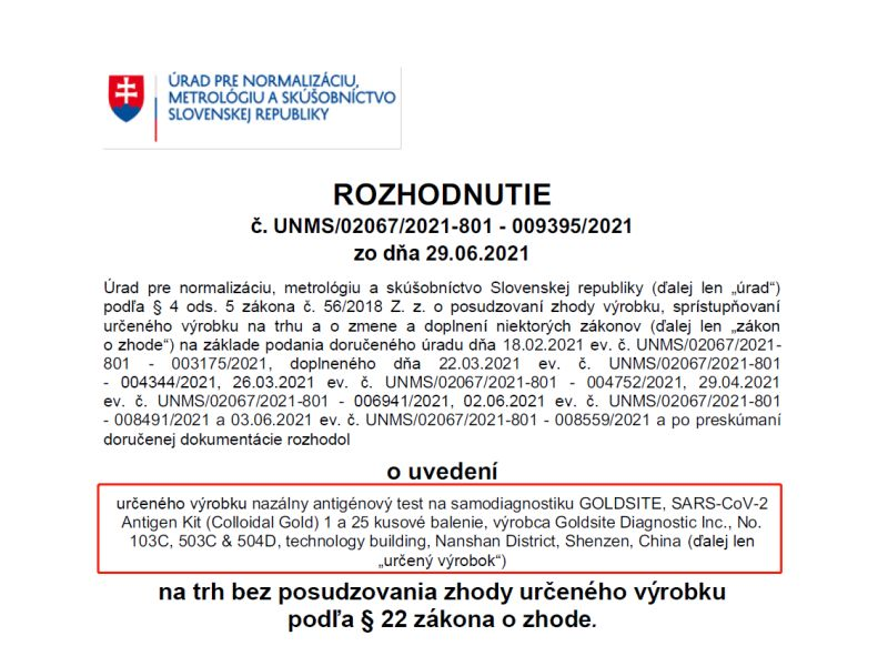 Набор для самотестирования GOLDSITE SARS-CoV-2 одобрен словацкой UNMS